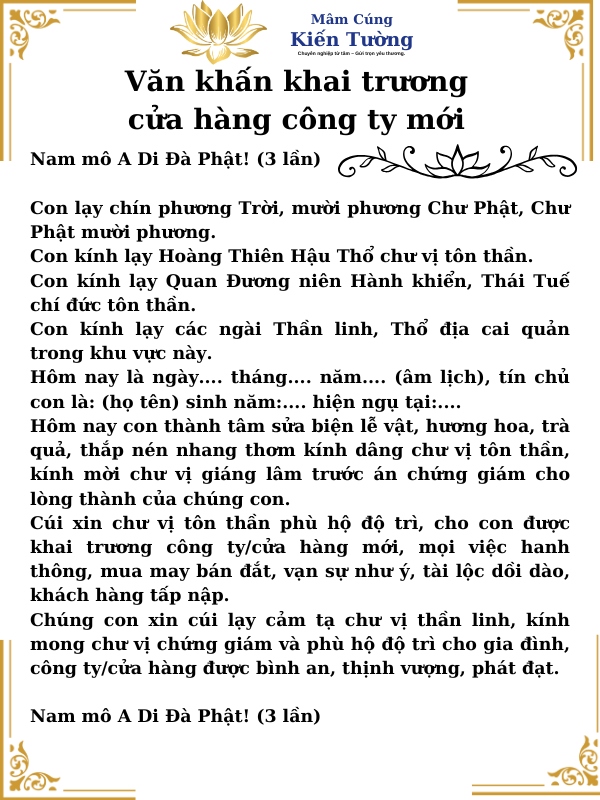 Văn khấn khai trương cửa hàng công ty mới