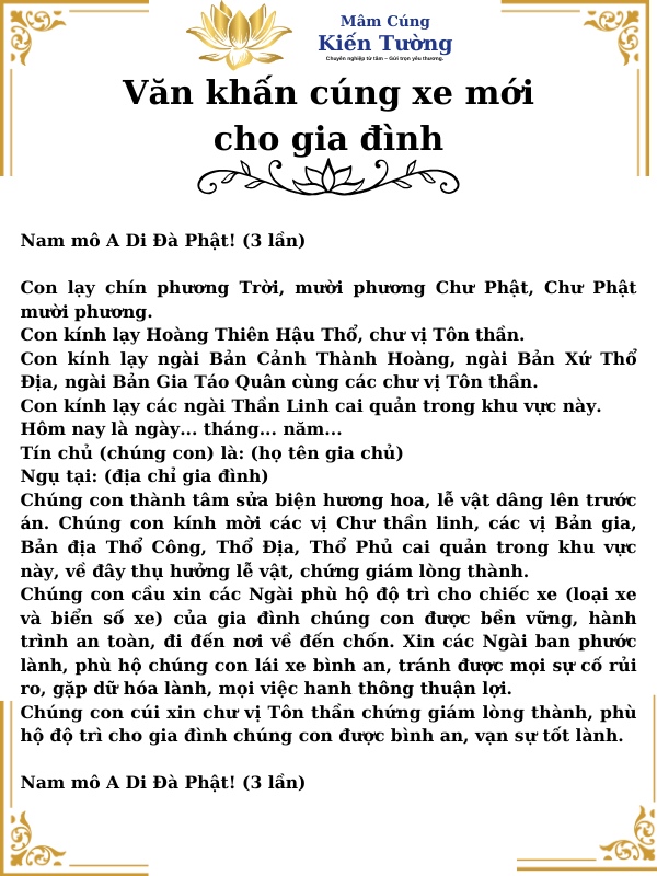 Văn khấn cúng xe mới cho gia đình