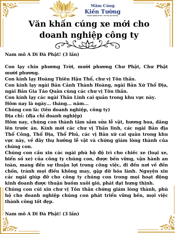 Văn khấn cúng xe mới cho doanh nghiệp công ty