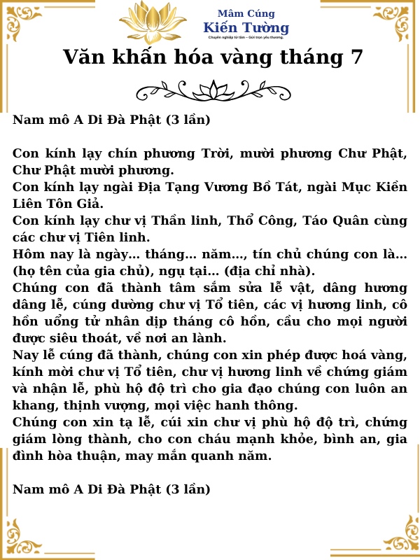 Văn khấn hóa vàng tháng 7