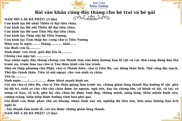 Bài văn khấn cúng đầy tháng cho bé trai và bé gái Bài văn khấn cúng đầy tháng cho bé trai và bé gái