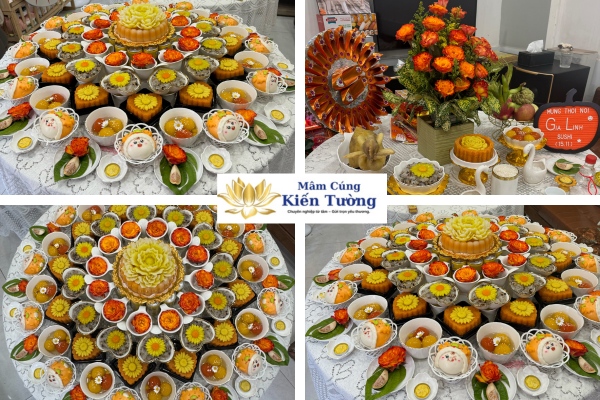 Mâm cúng đầy tháng bé gái màu cam