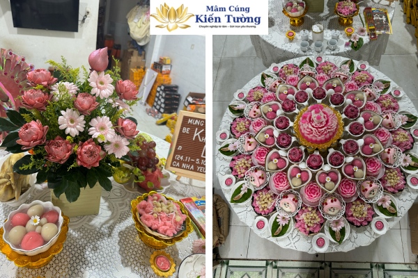 Thành phần mâm cúng đầy tháng cho bé gái màu hồng.