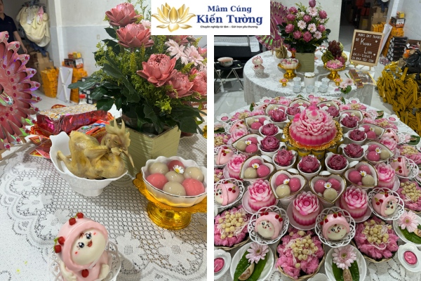 Đơn vị cung cấp mâm cúng đầy tháng màu hồng cho bé gái.
