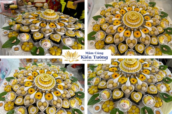 Mâm cúng đầy tháng bé gái màu vàng