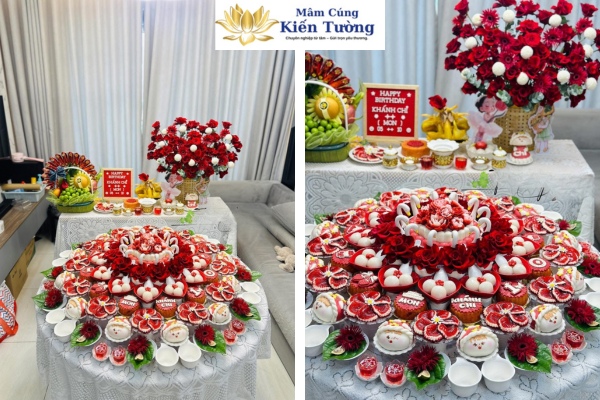 Mâm cúng đầy tháng tone đỏ cho bé gái gồm những gì??